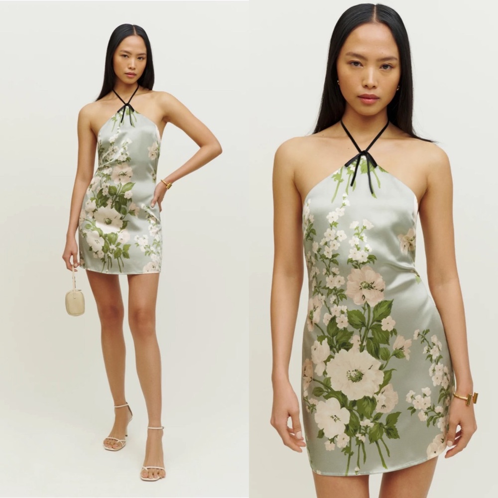 Reformation Floral Mini Dress - Green and White
